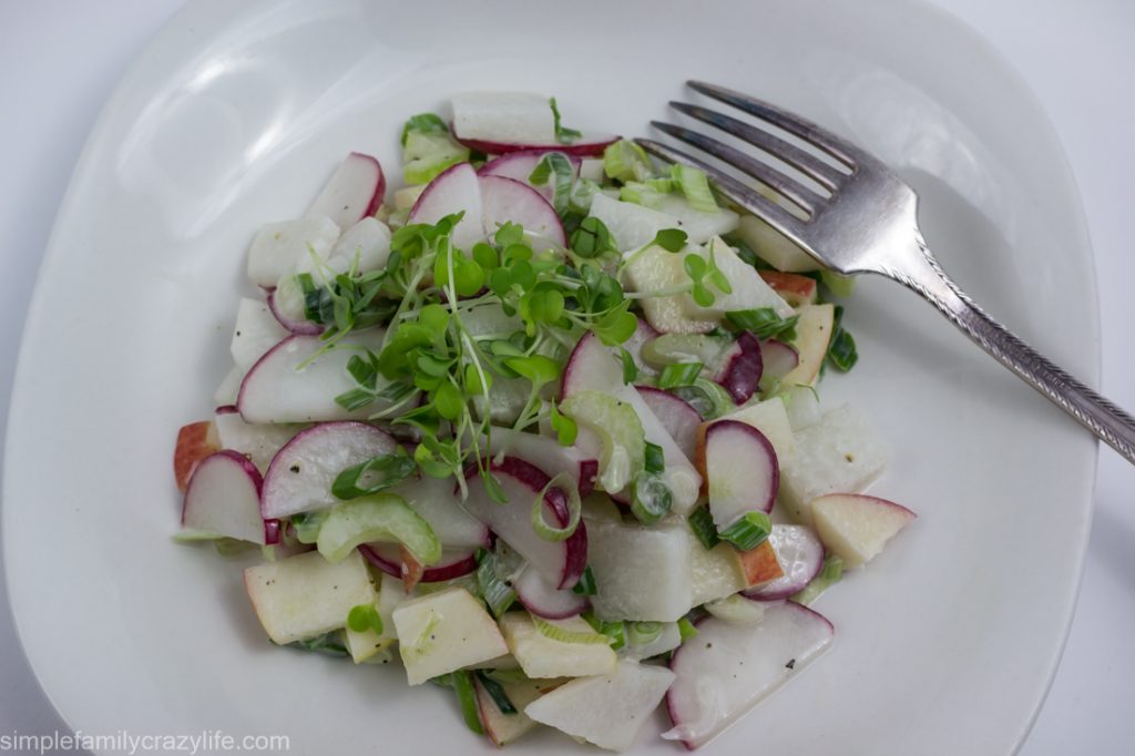 Vegan spring vegetable salad with radishes and apples